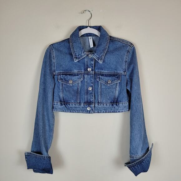 Zara Denim Jacket Womens Small Blue Jean Crop Cuffs Blogger Favorite 9374/271 - Picture 2 of 12